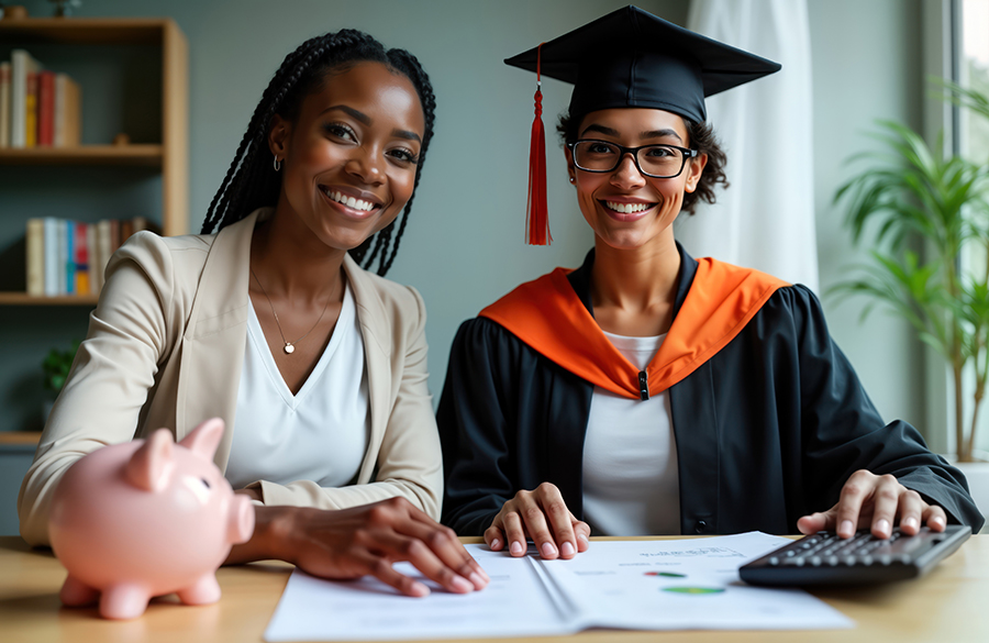 Proud African American woman sits at table with supportive mother. Look happy, review financial documents like budgets, loan options.
