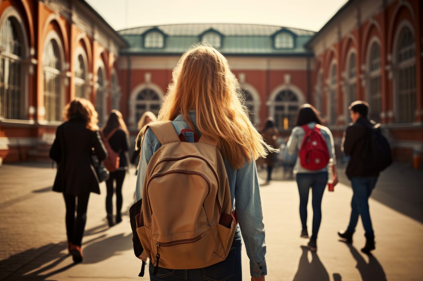 Girl with a backpack going to a college class.