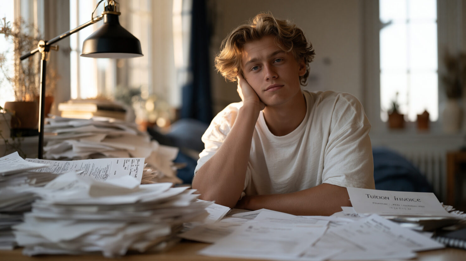 University student surrounded by tuition invoice printouts and financial aid award letters spread across dormitory desk, autumn semester arrival, student debt burden, cost of attendance
