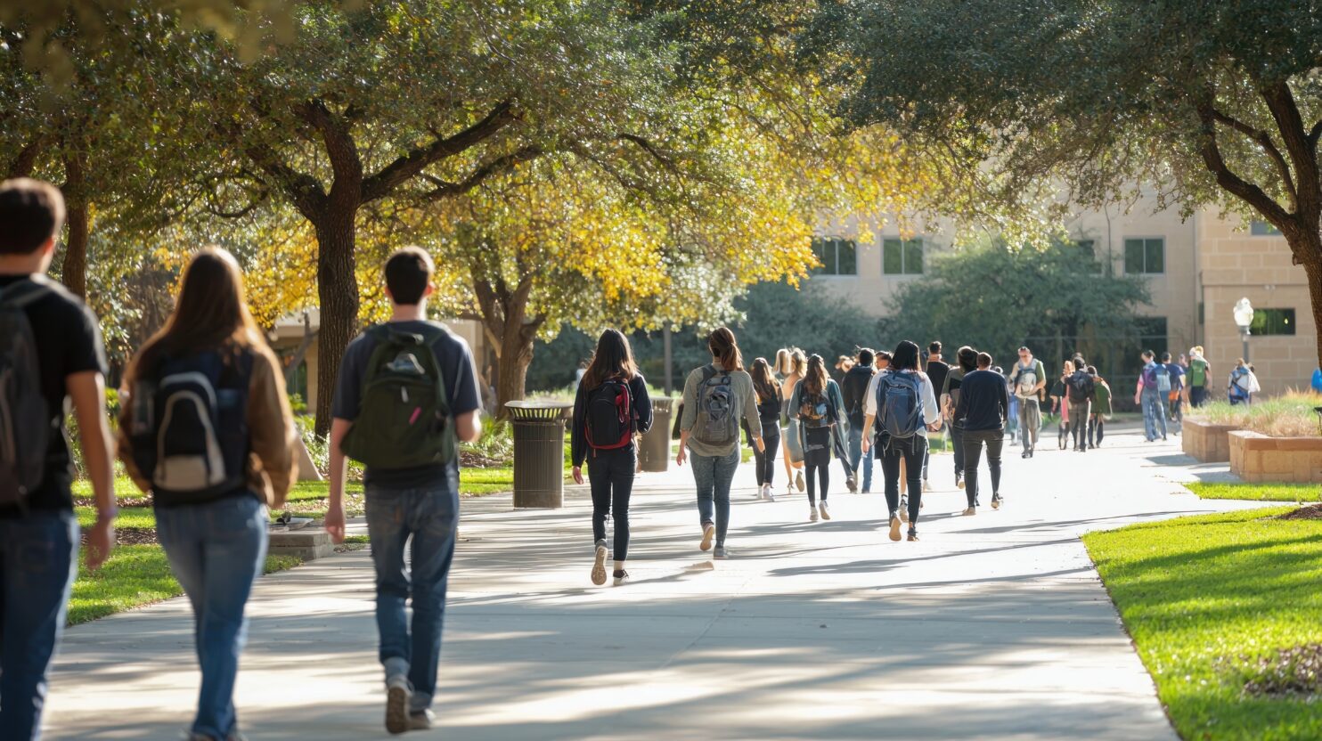 A focused image of a group of college students walking to class